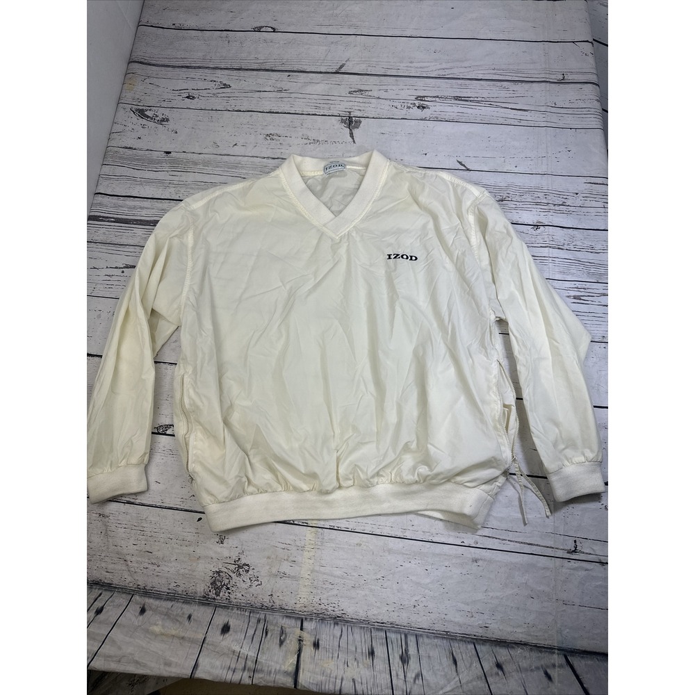 IZOD V-Neck Pullover Large Windbreaker Mens White Navy Blue Spellout Logo Golf